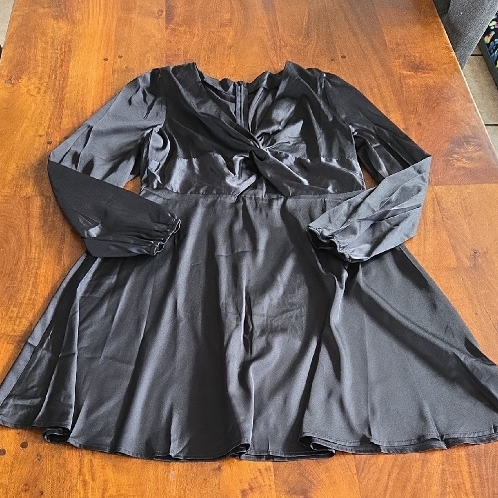 Black Satin Long Sleeve Cut Out Fit & Flare Mini Dress XL